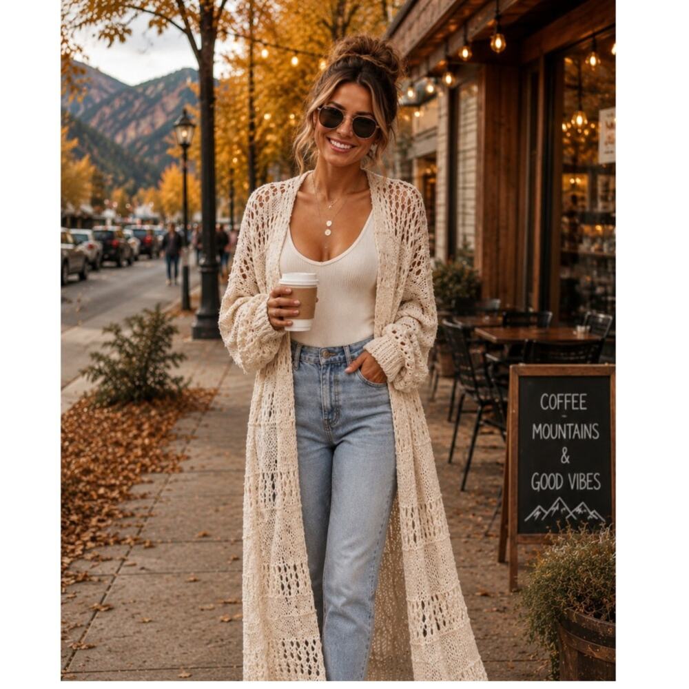 Altar'd State Cream Open Knit Long Duster Cardigan Boho Chunky Sweater Cozy Med
